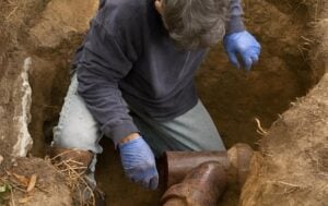 Worker in blue gloves examining corroded metal sewer pipe during underground excavation and repair work.
