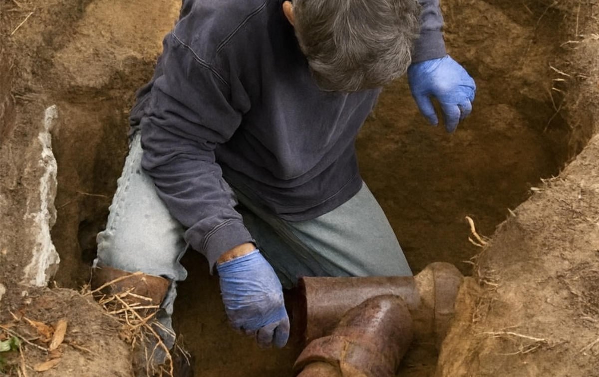 Worker in blue gloves examining corroded metal sewer pipe during underground excavation and repair work.