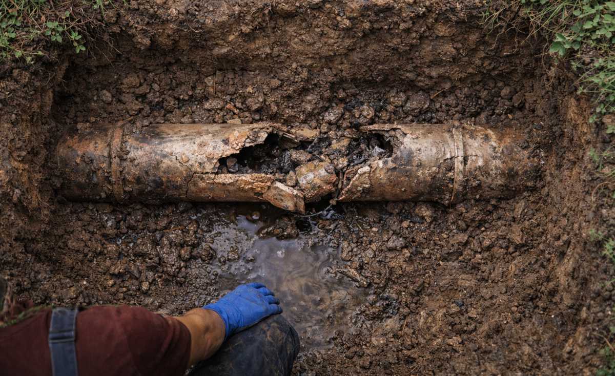 Plumber assessing a collapsed sewer line.