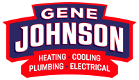 Gene Johnson logo featuring red and dark blue banner design with company name and services: Heating, Cooling, Plumbing, Electrical.