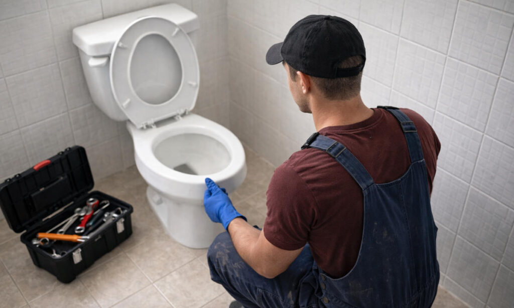 Plumber repairing a toilet.