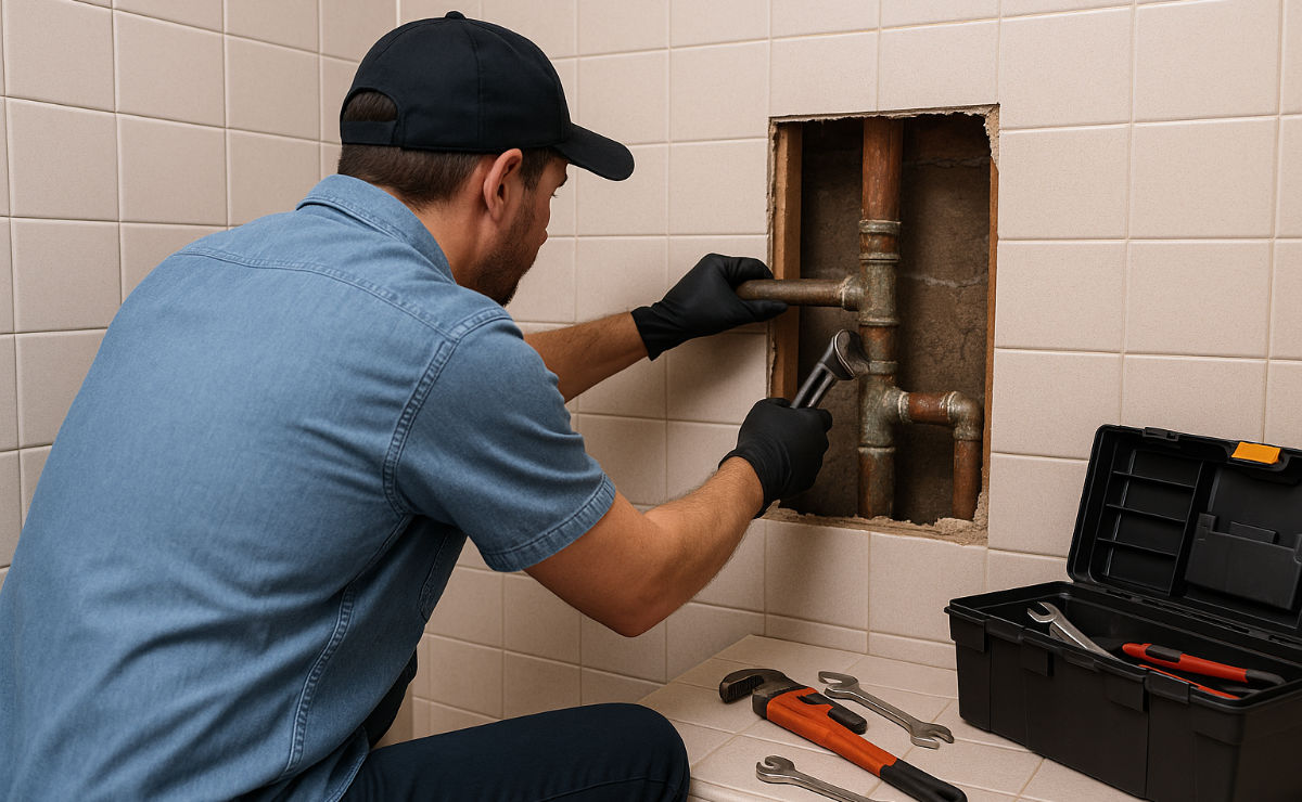 Plumber repairing a slab leak.