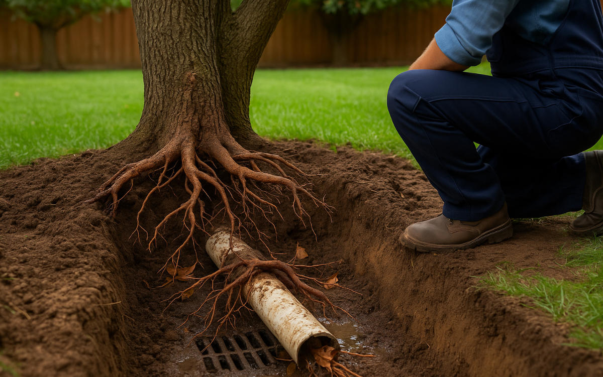 Tree roots penetrating a sewer pipe.