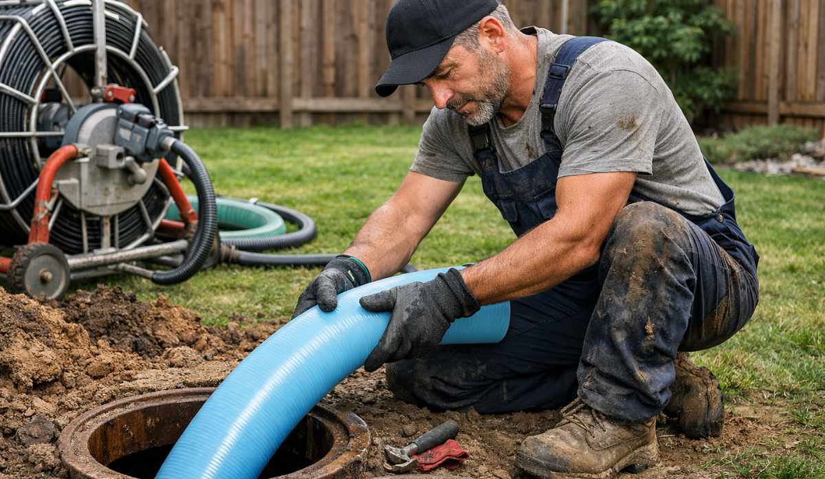 Plumber performing a trenchless sewer repair.