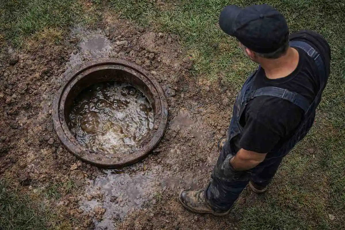 Plumber examining a backed up sewer.